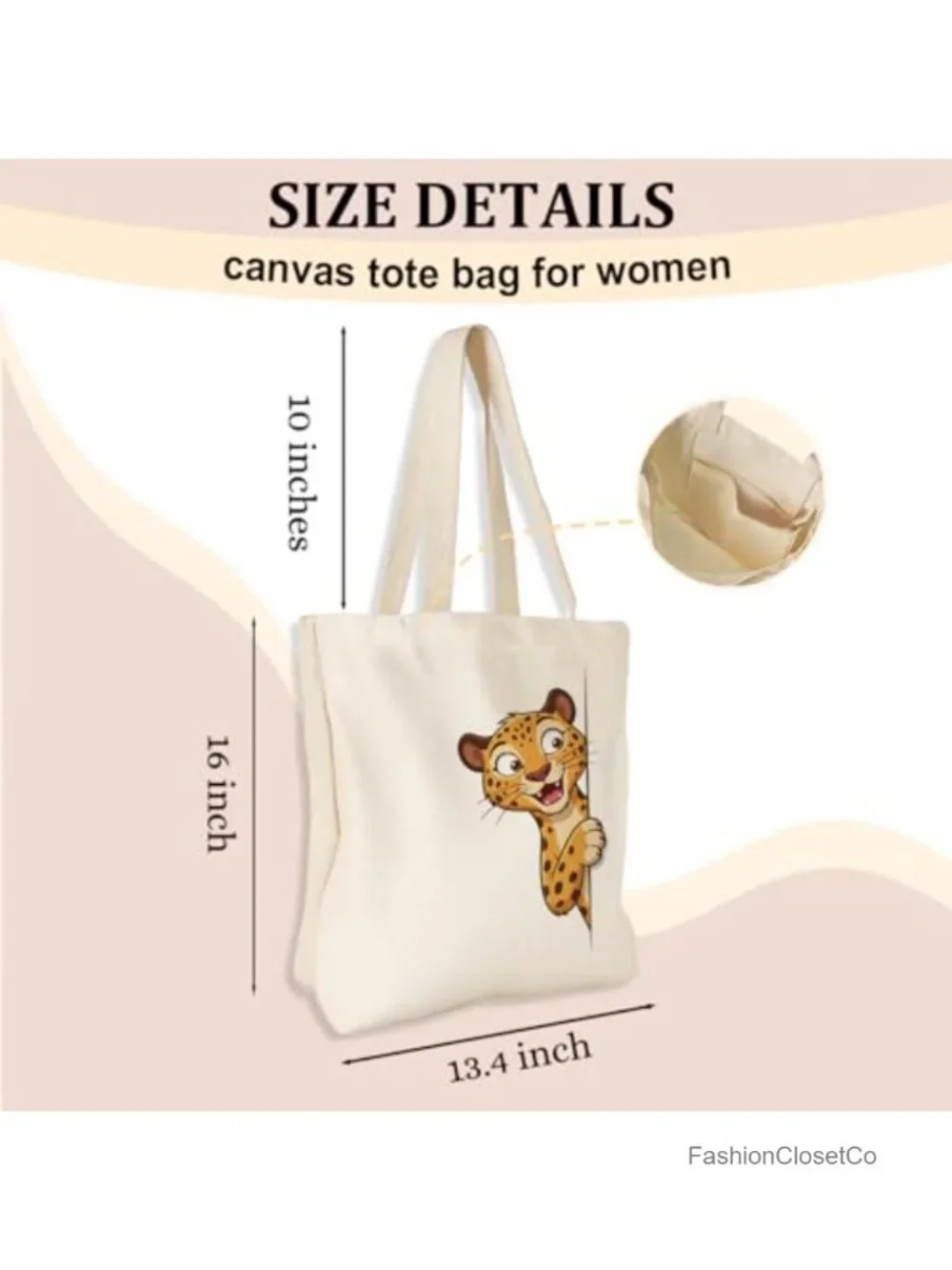 Canvas Tote Bag for Shopping Beach Work, Zippered Inner Pocket, Reusable